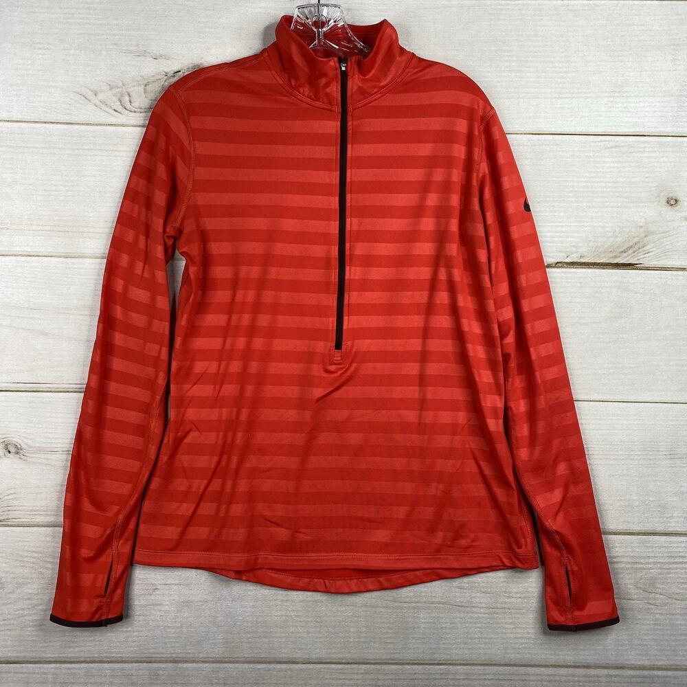 Nike Pro Top Women L Red Dri Fit Stay Warm Training Hooded Pullover Thumb Holes